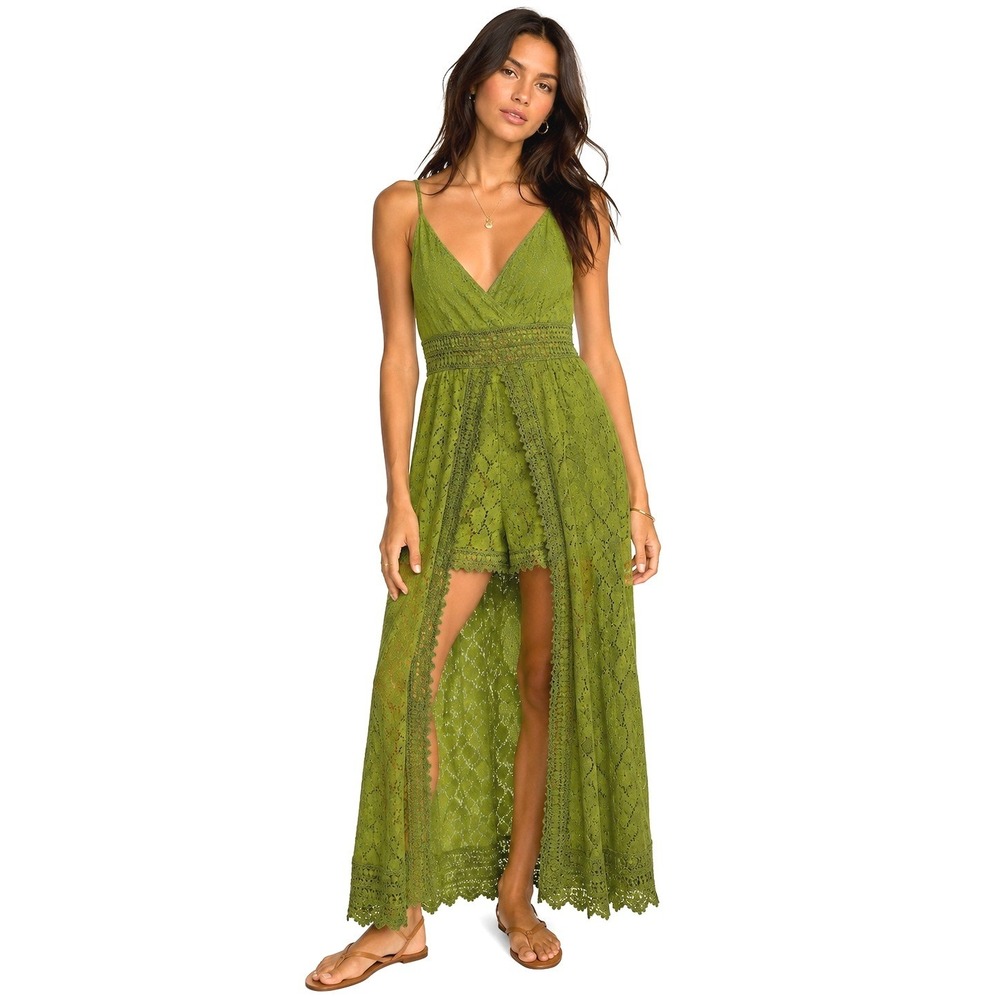 Cupshe Green Lace Maxi Romper Dress Boho Open Front Festival Crochet NWT
